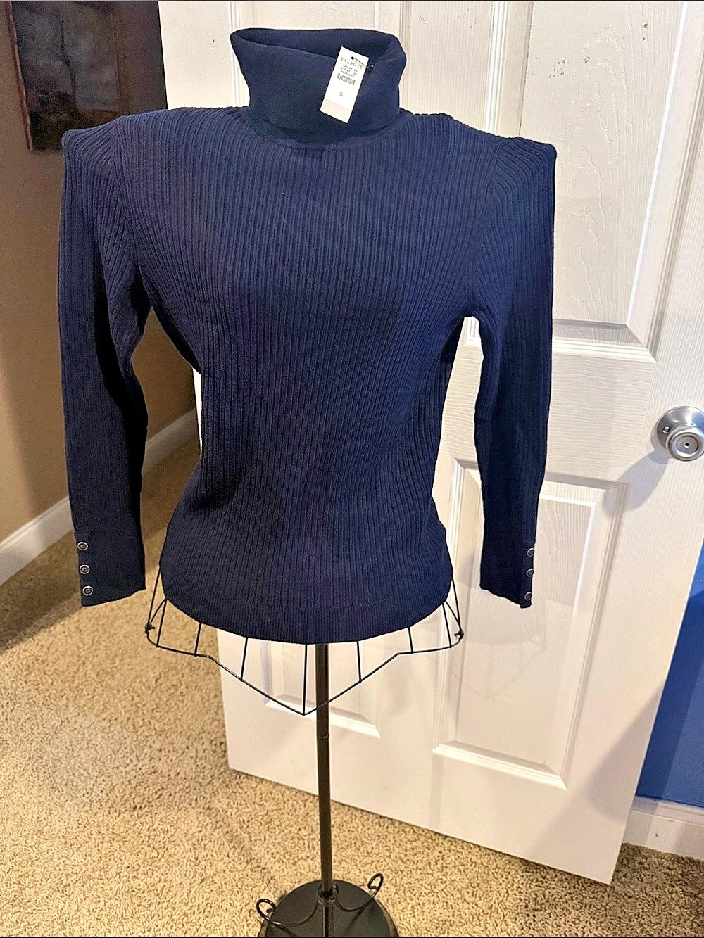 Talbots Ribbed Button Cuff Turtleneck Sweater Navy Blue Small NWT NEW